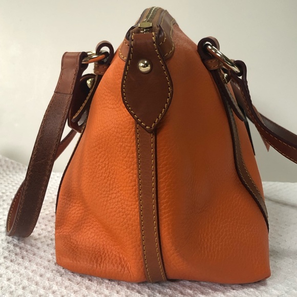 Authentic Dooney & Bourke Front Pocket Satchel Orange Leather and Brown Trim - Picture 4 of 13